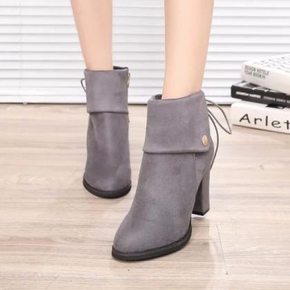 Chunky Heel Suede Pure Color Round Toe Short Boots