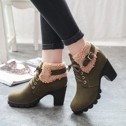Cloth Pure Color Chunky Heel Round Toe Short Boots