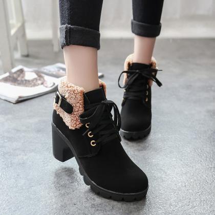 Cloth Pure Color Chunky Heel Round Toe Short Boots