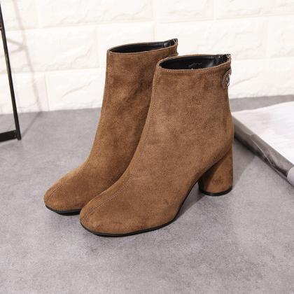 Faux Suede Rounded-toe Chunky Heel Ankle Boots..