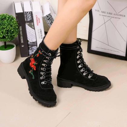 Scrub Pure Color Lace-up Chunky Heel Round Toe..