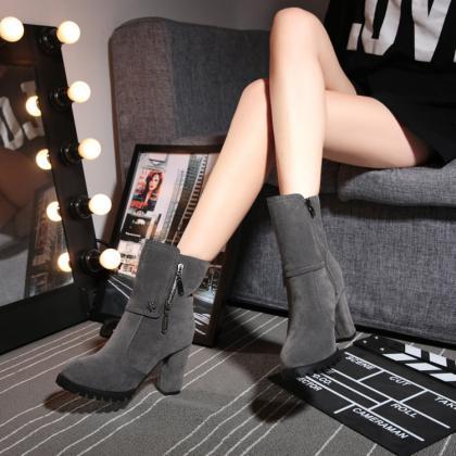 Suede Pure Color Zipper Chunky Heel Round Toe..