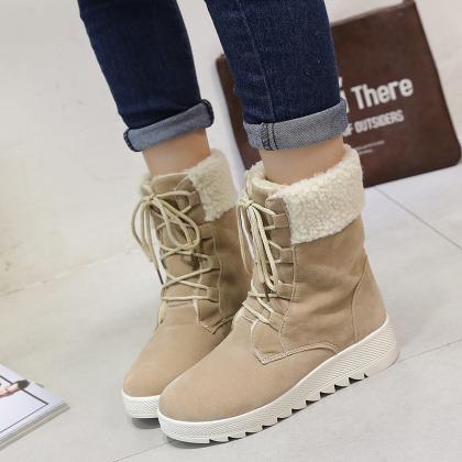 Suede Pure Color Lace-up Slope Heel Round Toe..
