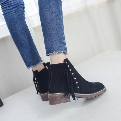 Scrub Pure Color Lace-up Rivets Chunky Heel Round..