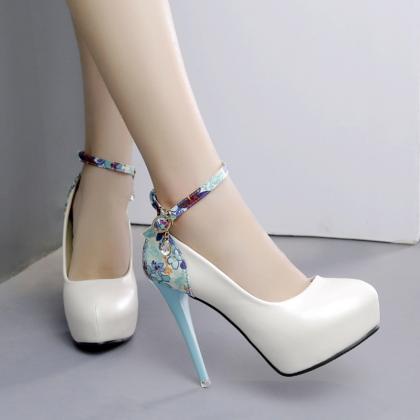 Pure Color Pu Stiletto Heel Round Toe Ankle Strap..