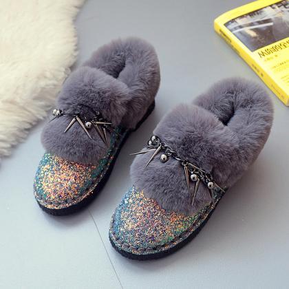 Round Toe Glittered Fur Flat Short Boots