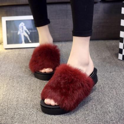 Peep-toe Fur Flat Platform Flip-flop Sandals