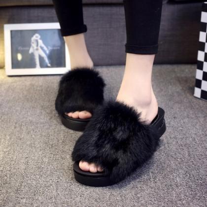 Peep-toe Fur Flat Platform Flip-flop Sandals
