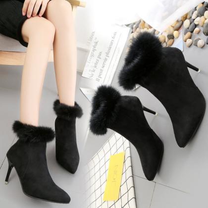 Pure Color Suede Stiletto Heel Pionted Toe Short..