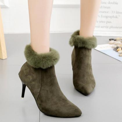 Pure Color Suede Stiletto Heel Pionted Toe Short..