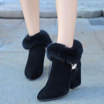 Pure Color Pu Chunky Heel Pionted Toe Short Boots