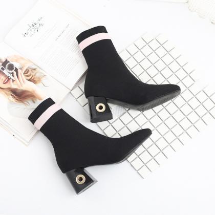 Square Toe Striped Chunky Heel Ankle Boots