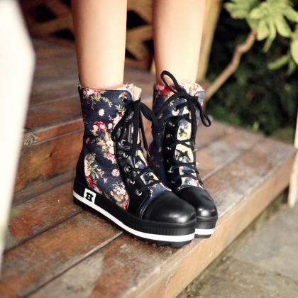 Floral Print Lace Up Ankle Flat Boots