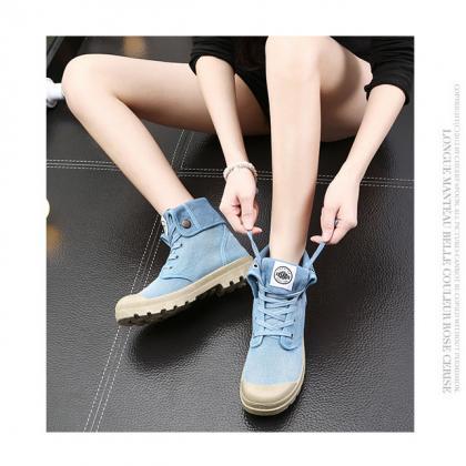 Canvas Chunky Heel Pure Color Round Toe Short..