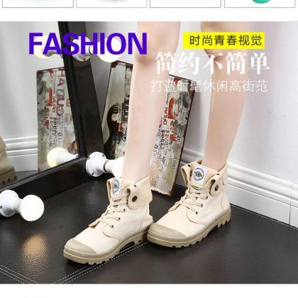 Canvas Chunky Heel Pure Color Round Toe Short..