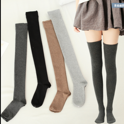 Plain Weave/vertical Stripes Knee-high Socks