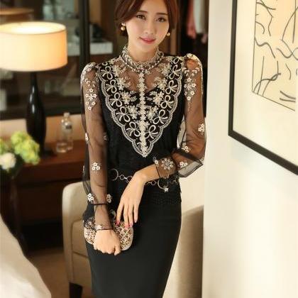 Sexy High-necked Lace Pure Color Patchwork Long..