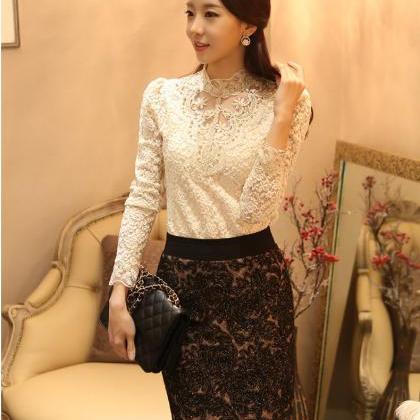 Sexy High-necked Lace Pure Color Patchwork Long..