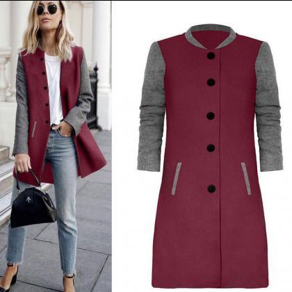 Slim Buttons Long Sleeve Stand Collar Patchwork..