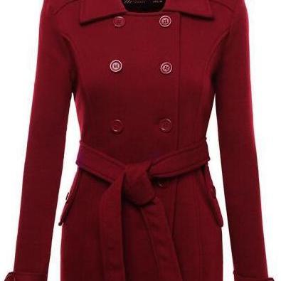 Lapel Double Breasted Slim Long Coat With Belt On