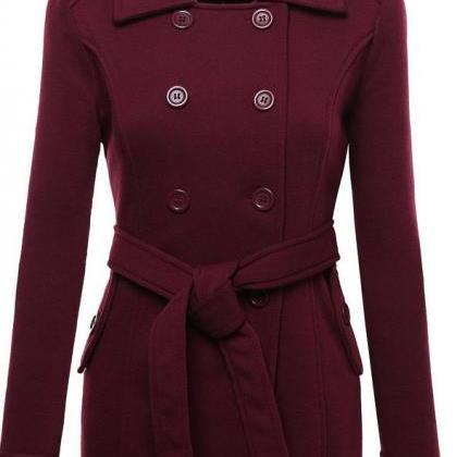 Lapel Double Breasted Slim Long Coat With Belt On