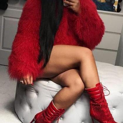 Warm Faux Fur Short Red Coat Outwear