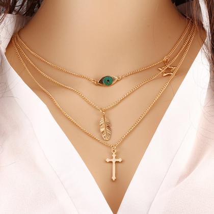 Fashion Eye Leaves Temperament Multilayer Necklace