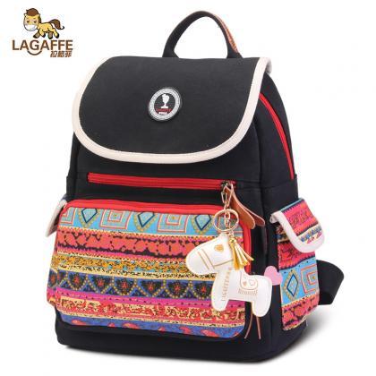 Ethnic Color Block Canvas Travel Backpack