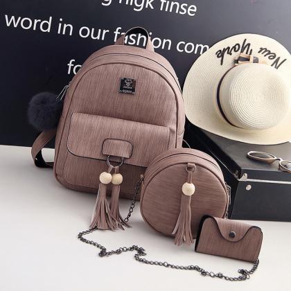 Preppy Chic Solid Color Pu Women Backpack (3 Bags)