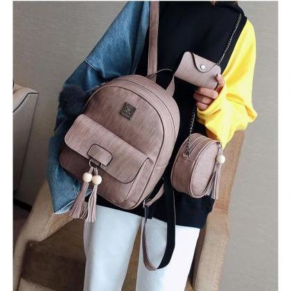 Preppy Chic Solid Color Pu Women Backpack (3 Bags)
