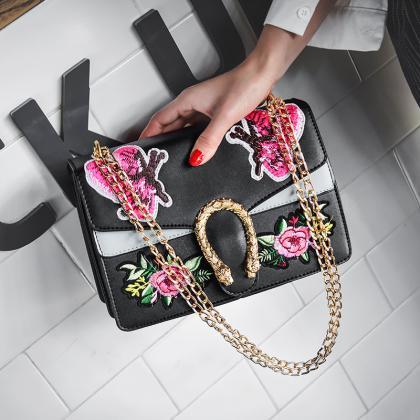 Floral Embroidered Front Flap Chained Crossbody..