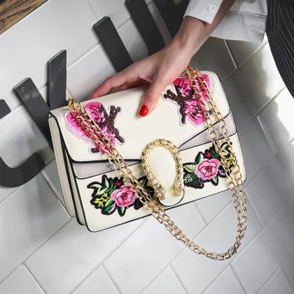 Floral Embroidered Front Flap Chained Crossbody..
