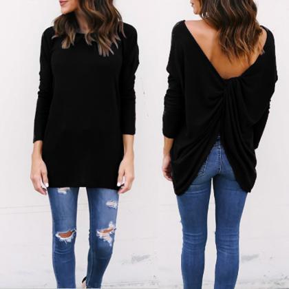 Pure Color Backless Long Sleeves Scoop Long..
