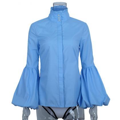 High-neck Button Down Shirt With Lantern Sleeves