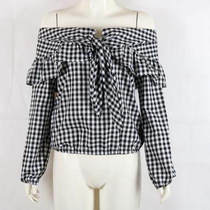 Black White Gingham Tie-accent Off-the-shoulder..