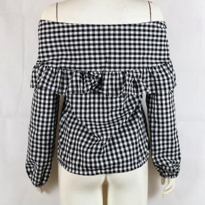 Black White Gingham Tie-accent Off-the-shoulder..