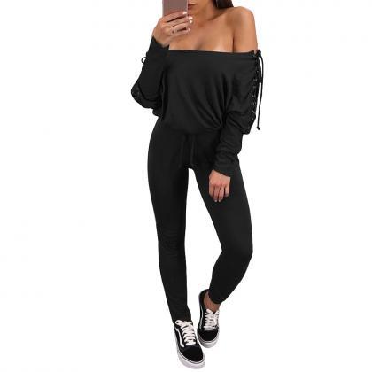 Off Shoulder Batwing Sleeves Lace Up Long..