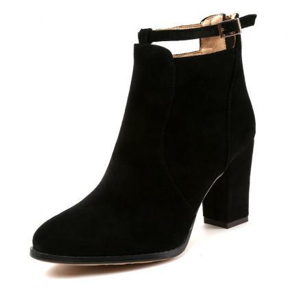 Suede Pure Color Zipper Chunky Heel Pointed Toe..