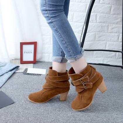 Belt Buckle Suede Chunky Heel Round Toe Ankle..