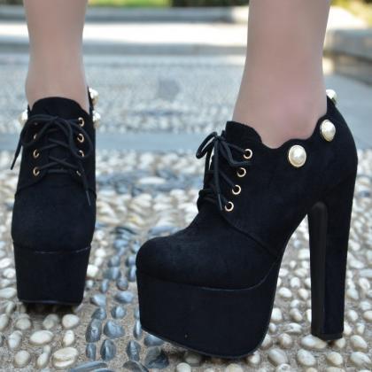 Lace-up Supper High Heel Round Toe Ankle Boots
