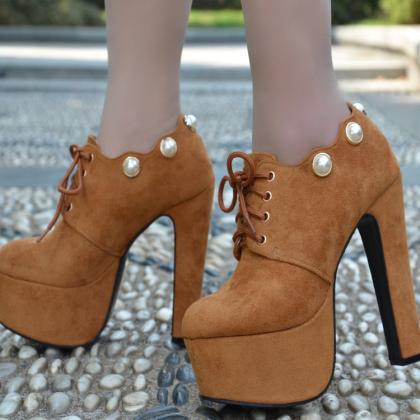 Lace-up Supper High Heel Round Toe Ankle Boots