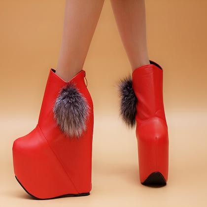 Faux Fur Decorate Inside High Wedge Heel Ankle..