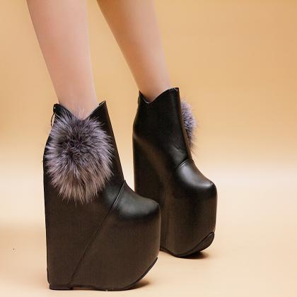 Faux Fur Decorate Inside High Wedge Heel Ankle..