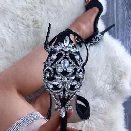 Crystal Peep Toe Ankle Wrap High Stiletto Heels..