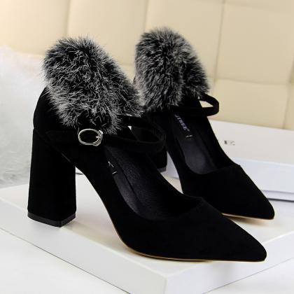 Rabbit Fur Middle Chunky Heel Pointed Toe High..
