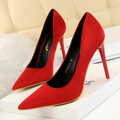 Red Faux Suede Pointed-toe High Heel Stilettos