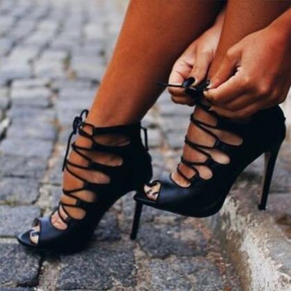 Lace Up Hollow Out Peep-toe Stiletto High Heel..