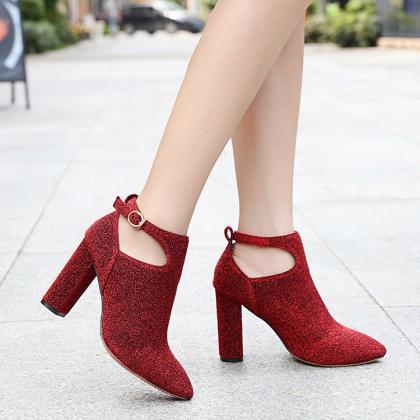 Hollow Out Pointed Toe Chunky High Heel Ankle..