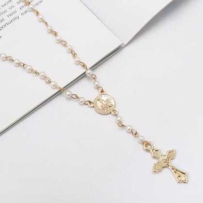 Retro National Style Pearl Cross Necklace