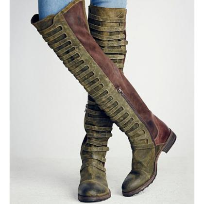 Patchwork Loose Boot Round Toe Flat Over The Knee..